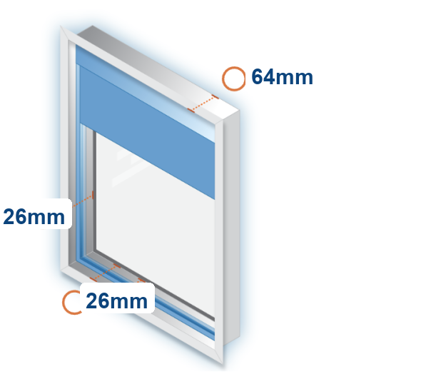 Recess depth clearances: 64mm at the top, 26mm at the sides and bottom